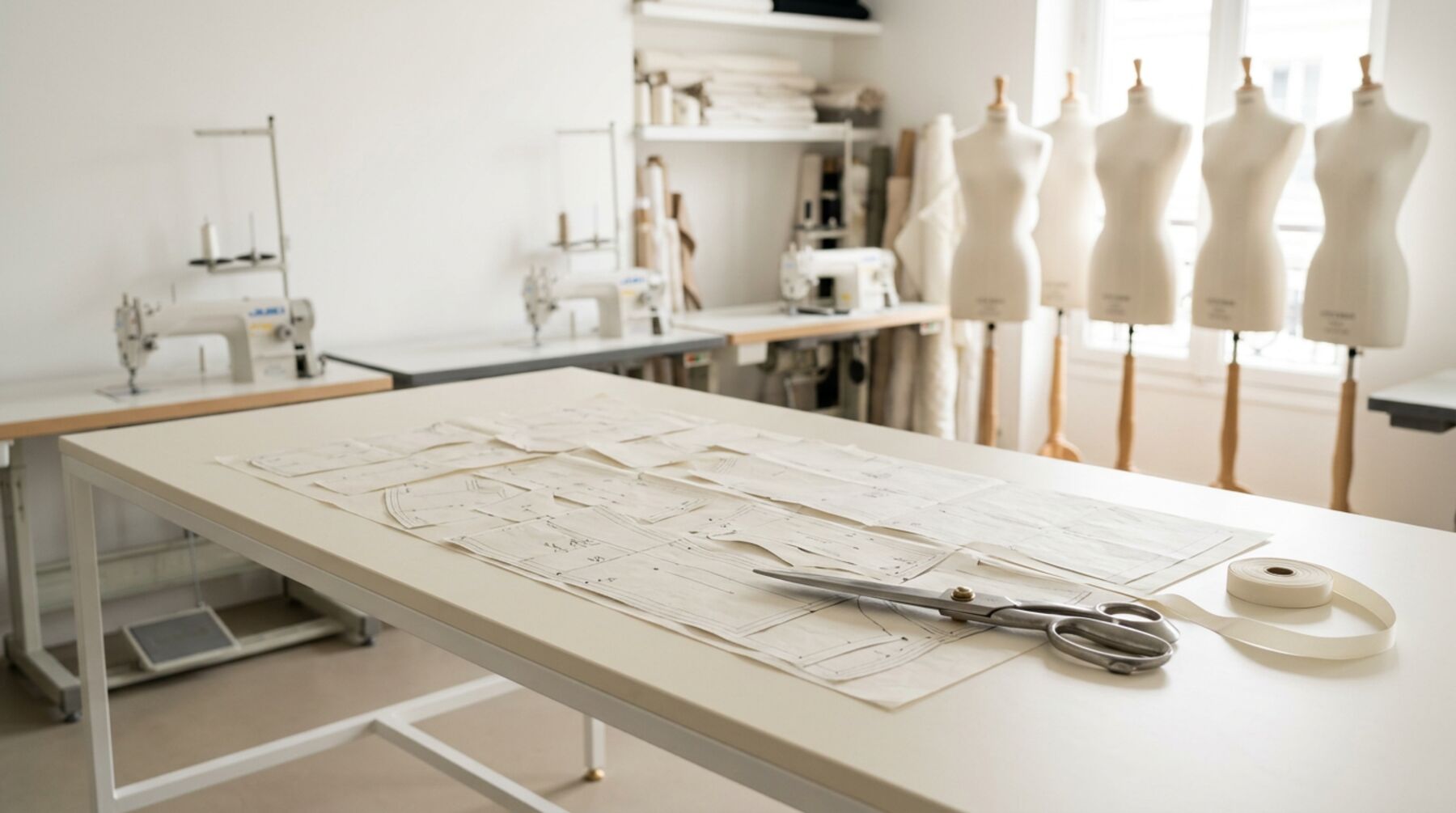 Grande table de coupe avec patrons et ciseaux de tailleur, mannequins en arrière-plan