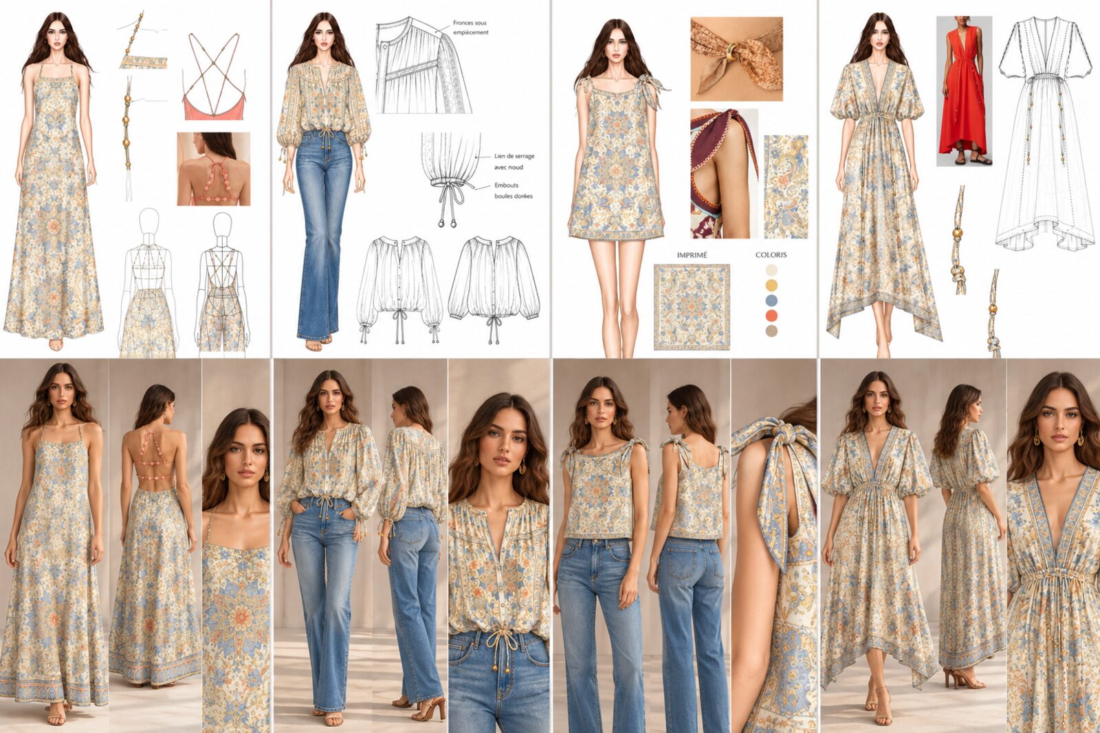 Planche de style : croquis, dessins techniques et photos portées d'une collection bohème